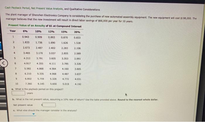  Cash Payback Period, Net Present Value Analysis, and Qualitative Considerations The