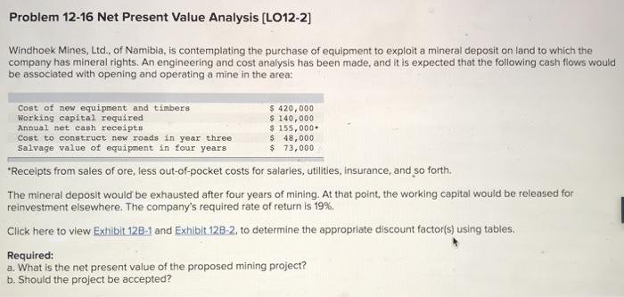 Problem 12-16 Net Present Value Analysis (L012-2) Windhoek Mines, Ltd., of
