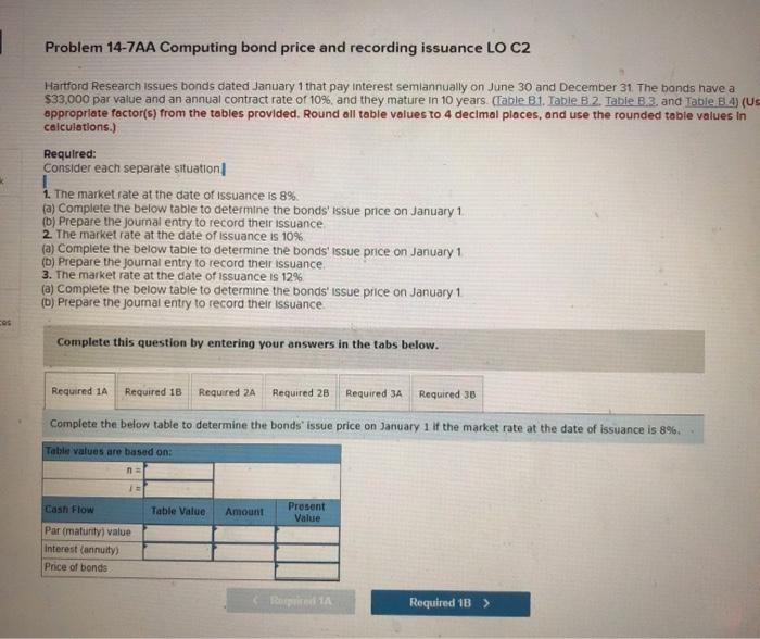  Problem 14-7AA Computing bond price and recording issuance LO C2 Hartford