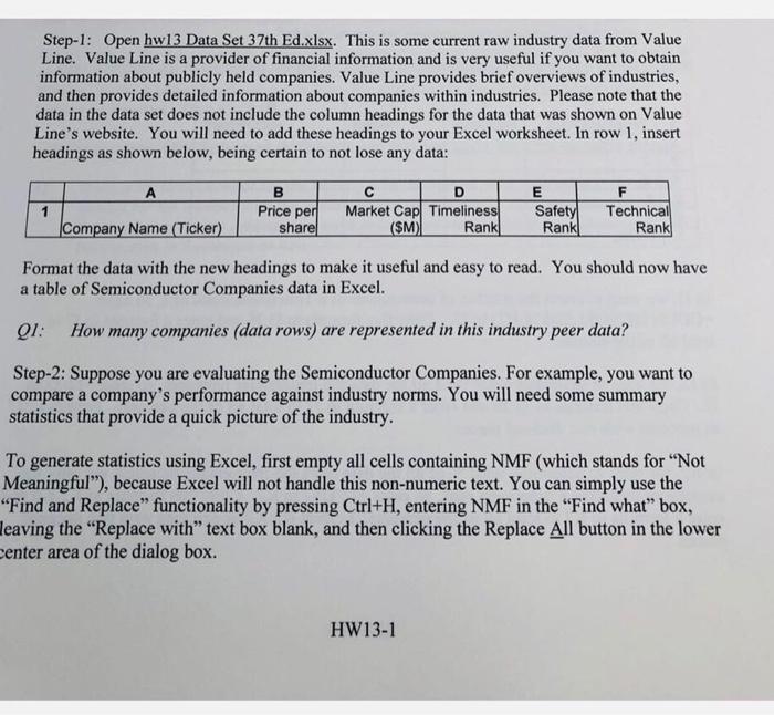  Step-1: Open hw13 Data Set 37th Ed.xlsx. This is some current