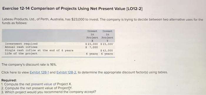  Exercise 12-14 Comparison of Projects Using Net Present Value (L012-2] Labeau