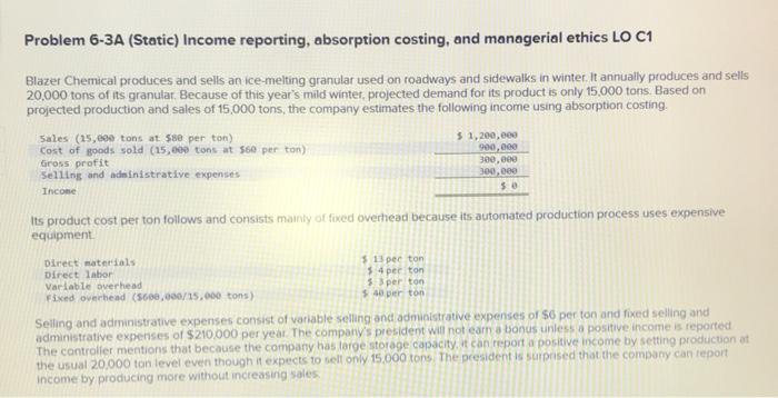  Problem 6-3A (Static) Income reporting, absorption costing, and managerial ethics LO