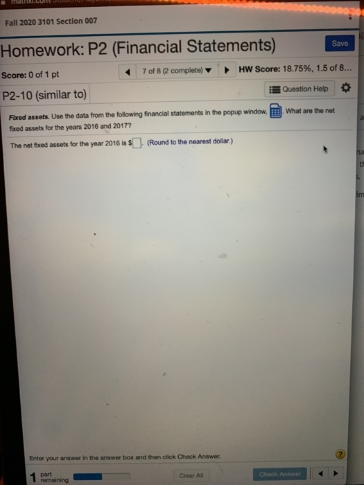  mid Fall 2020 3101 Section 007 Save Homework: P2 (Financial Statements)