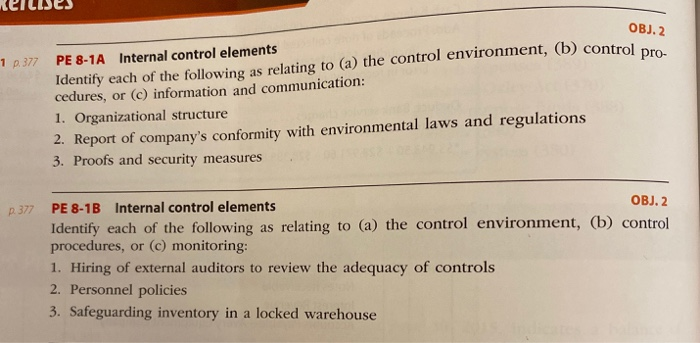  OBJ. 2 1 p. 377 PE 8-1A Internal control elements Identify