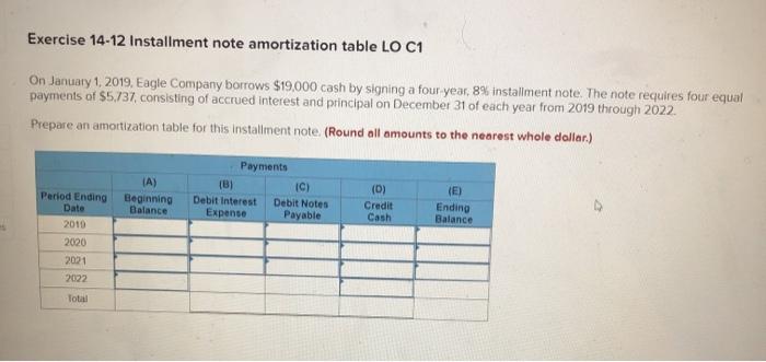  Exercise 14-12 Installment note amortization table LO C1 On January 1,
