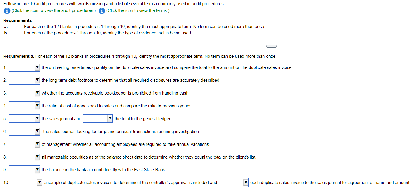 Following are 10 audit procedures with words missing and a list