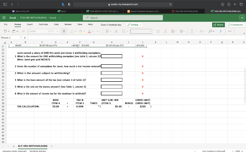  scedu-my.sharepoint.com c C + w Search the UW * Excel 1100-MONTH-NOTE-RAY