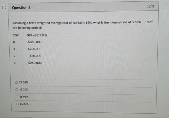  D Question 3 5 pts Assuming a firm's weighted average cost