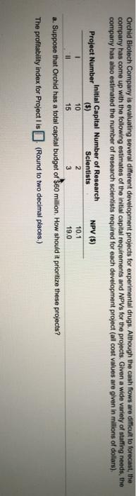  Orchid Biotech Company is evaluating several different development projects for experimental