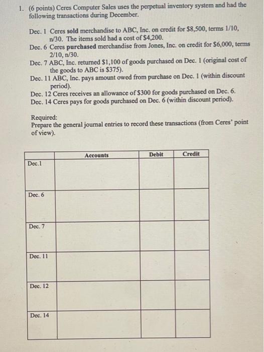  1. (6 points) Ceres Computer Sales uses the perpetual inventory system