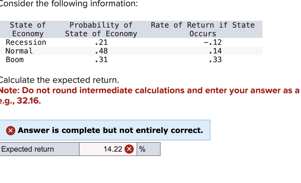 Consider the following information: Calculate the expected return. Note: Do not