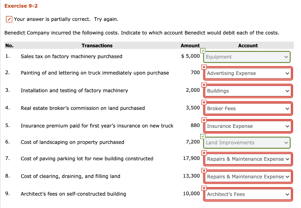 Exercise 9-2 Your answer is partially correct. Try again. Benedict Company
