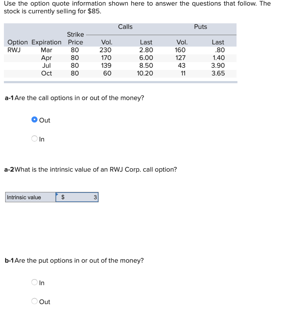  Use the option quote information shown here to answer the questions