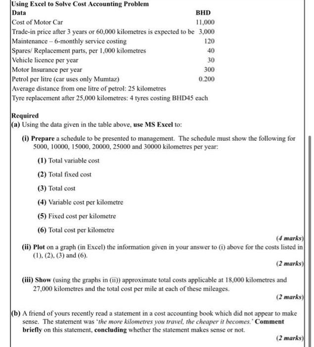  BHD 30 Using Excel to Solve Cost Accounting Problem Data Cost
