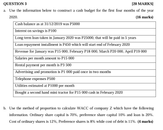 QUESTION 3 [20 MARKS a. Use the information below to construct