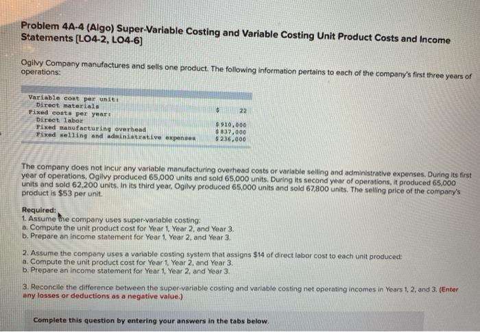 Problem 4A-4 (Algo) Super-Variable Costing and Variable Costing Unit Product Costs