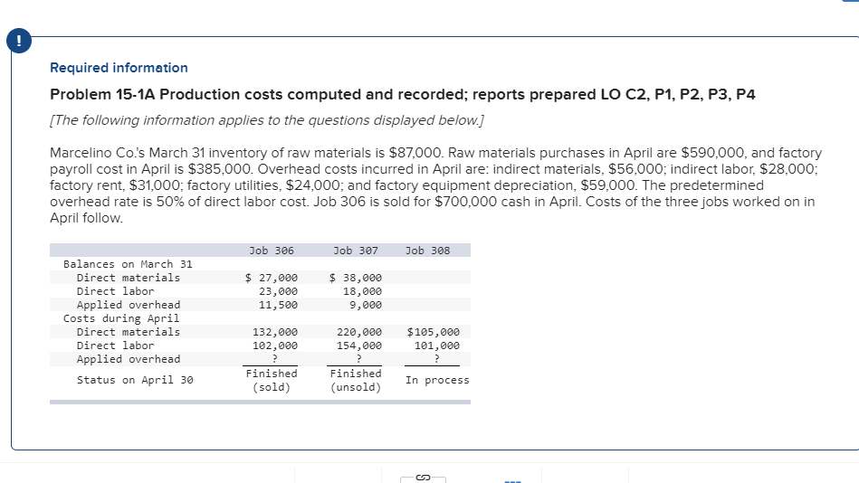  Required information Problem 15-1A Production costs computed and recorded; reports prepared