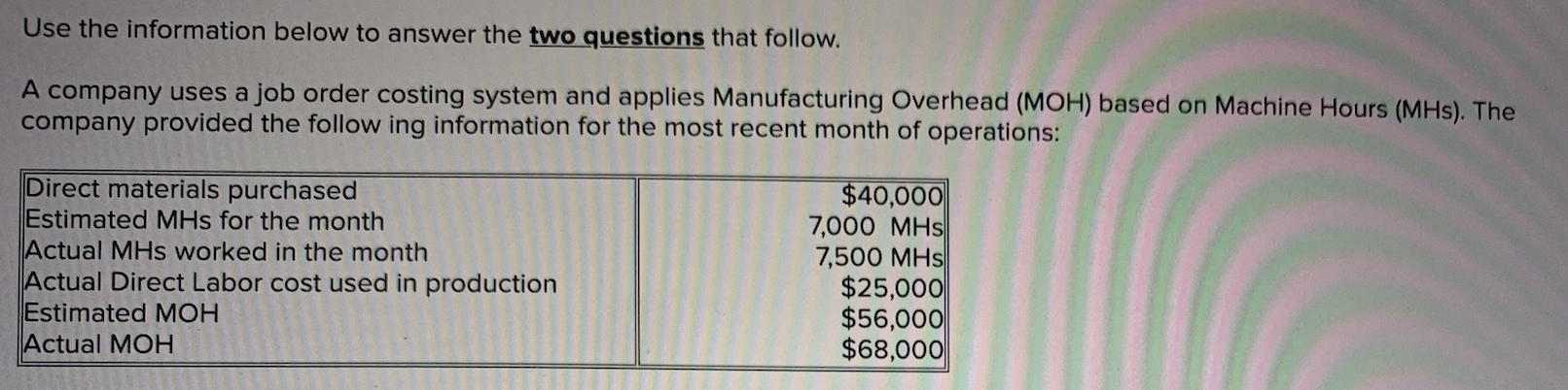  Use the information below to answer the two questions that follow.