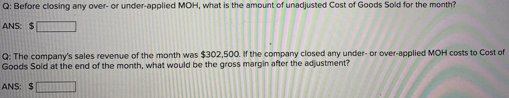 (MOH) based on Machine Hours (MHS). The company provided the follow ing
