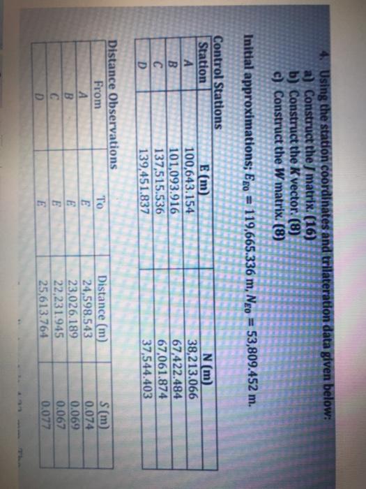  4. Using the station coordinates and trilateration data given below: a)