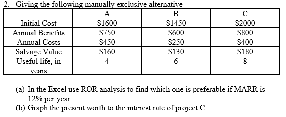 2. Giving the following manually exclusive alternative A B Initial Cost