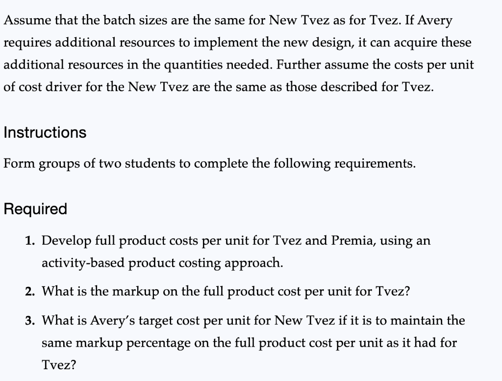 a selling price of $72 per unit Avery includes all R&D and