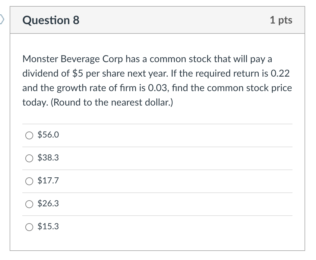  Question 8 1 pts Monster Beverage Corp has a common stock