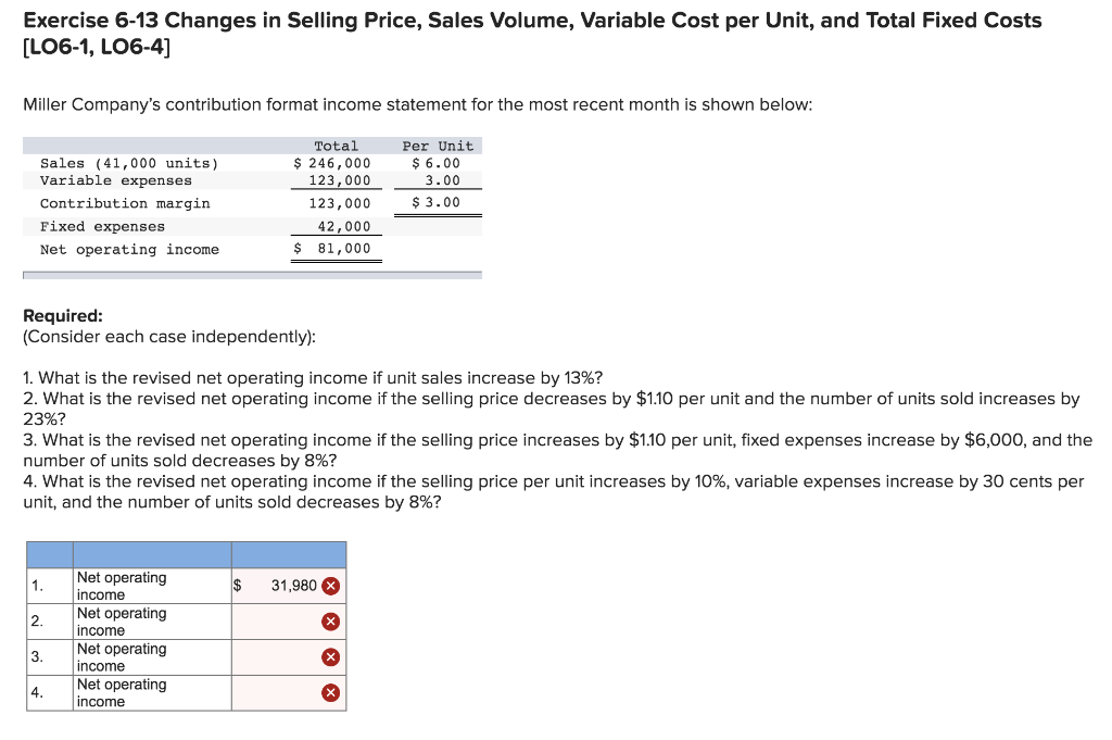 Exercise 6-13 Changes in Selling Price, Sales Volume, Variable Cost per