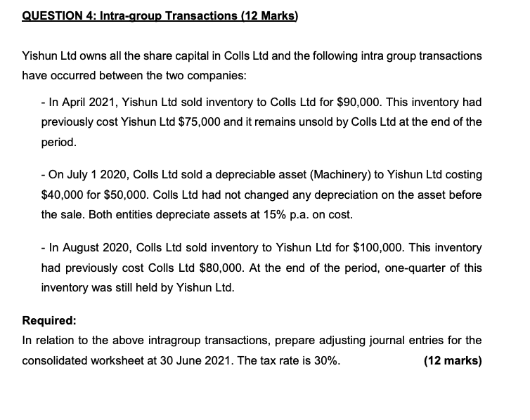  PLEASE HELP!!!!!!!!!! QUESTION 4: Intra-group Transactions (12 Marks) Yishun Ltd owns