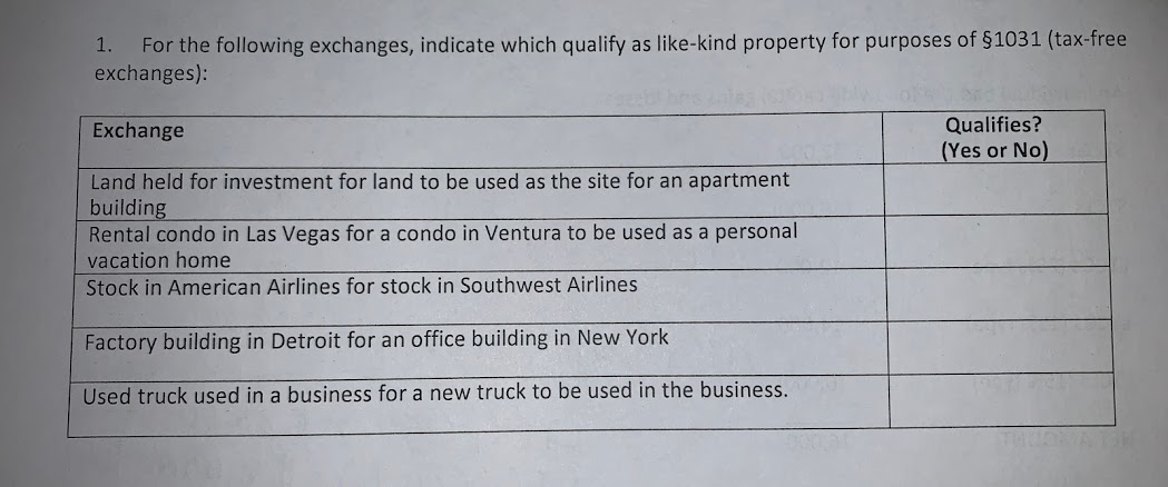  1. For the following exchanges, indicate which qualify as like-kind property