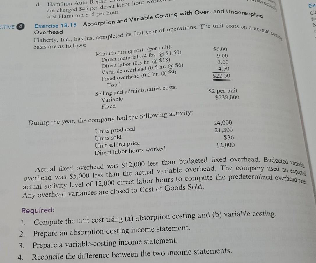  please show computation d. Hamilton Auto Repai are charged $45 per
