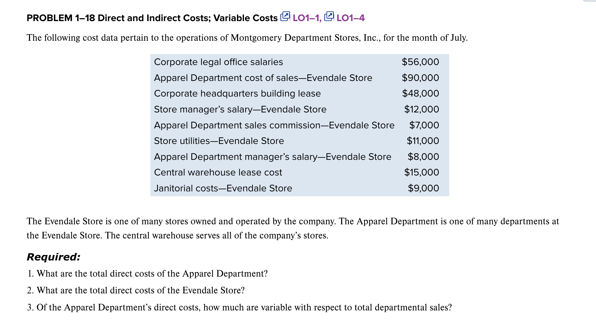  PROBLEM 1-18 Direct and Indirect Costs; Variable Costs LO1-1, LO1-4 The