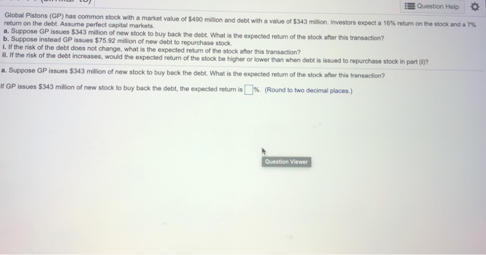  Question Help Global Pistons (GP) has common stock with a market