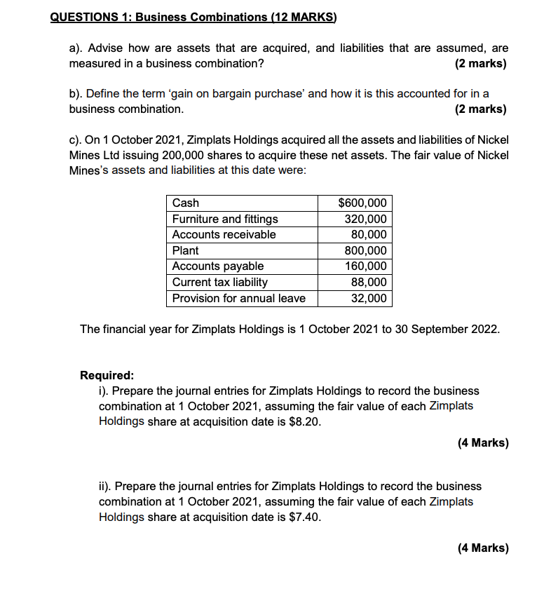 please help me !!!!!!! QUESTIONS 1: Business Combinations (12 MARKS) a). Advise