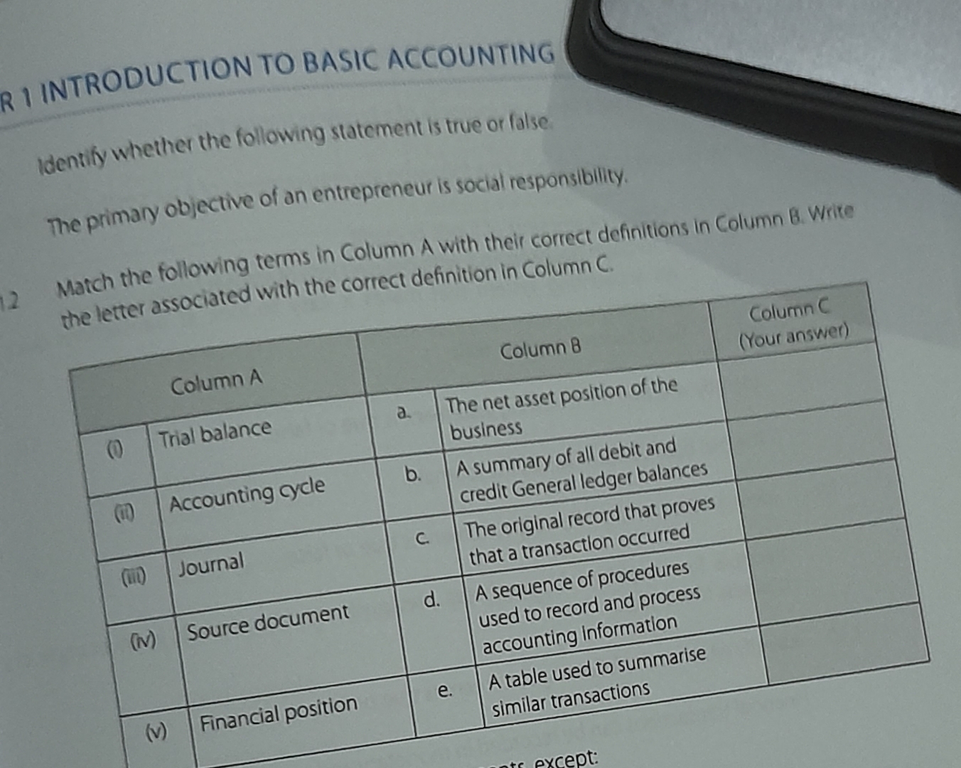  RI INTRODUCTION TO BASIC ACCOUNTING identify whether the following statement is