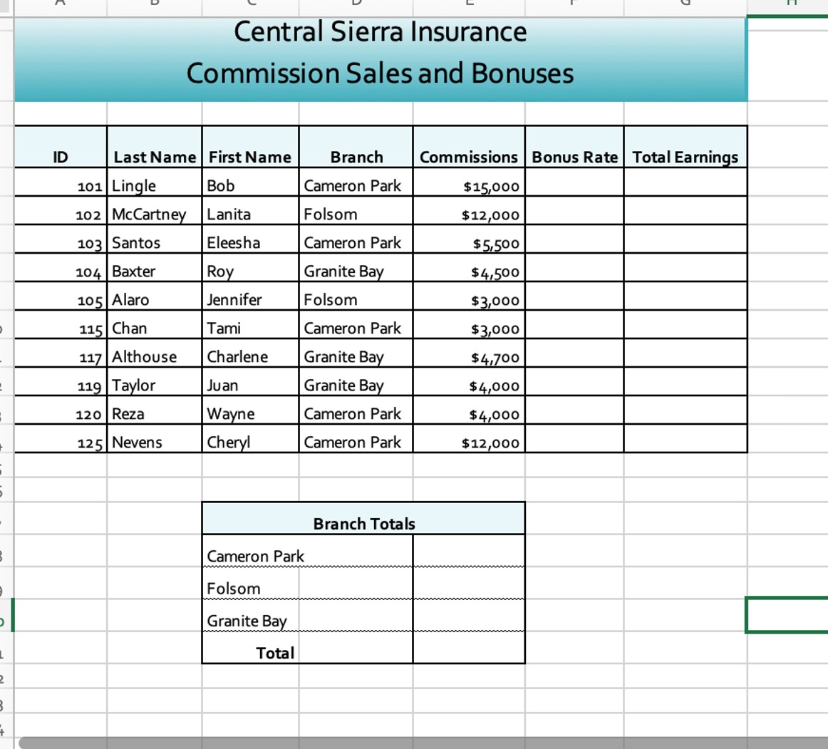 Central Sierra Insurance Commission Sales and Bonuses Last Name First Name 101