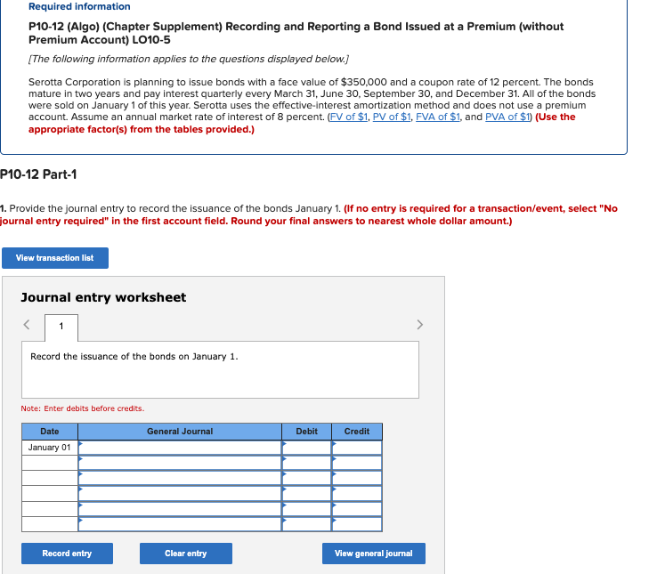 Please help Required information P10-12 (Algo) (Chapter Supplement) Recording and Reporting a