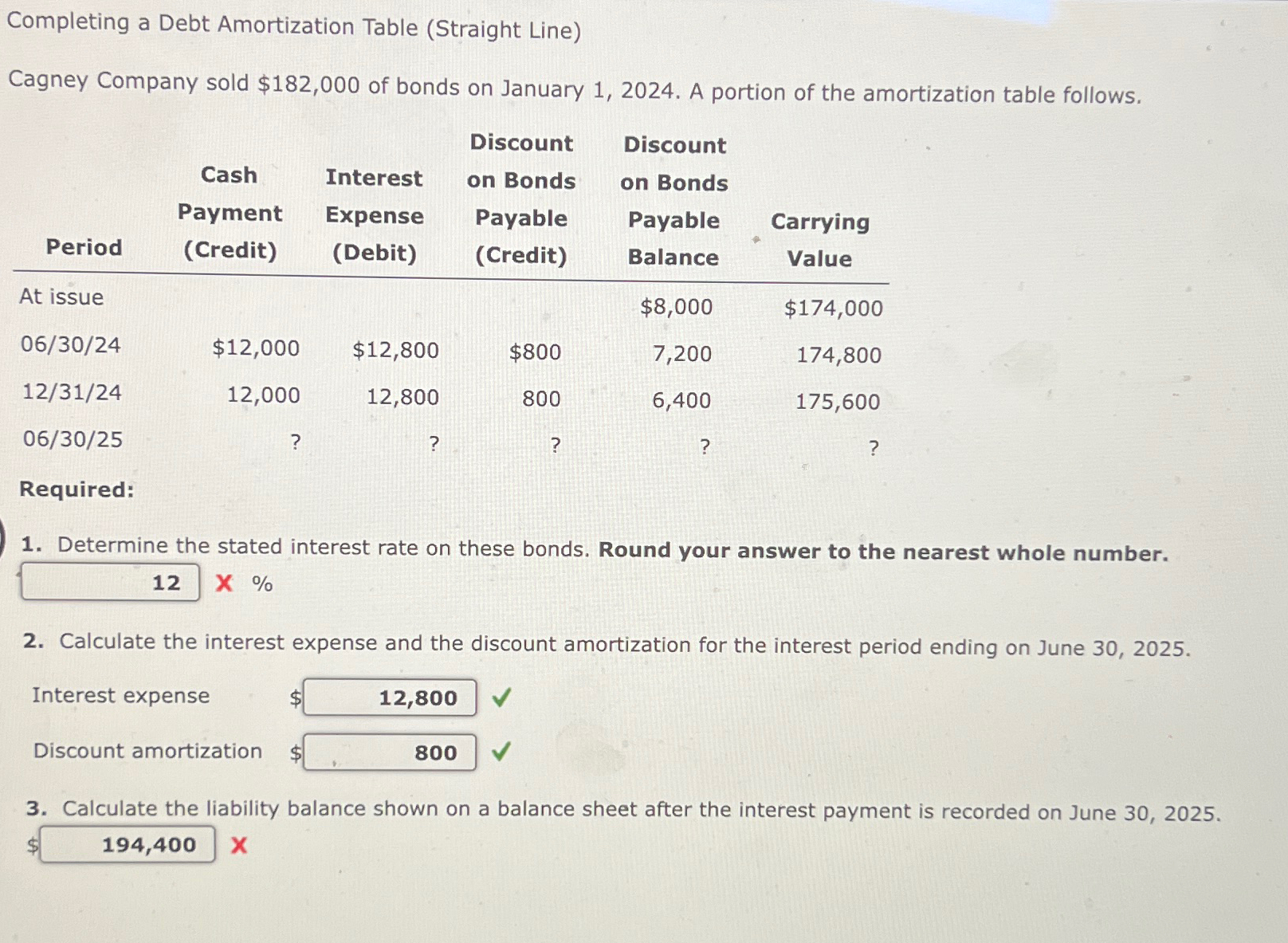  Completing a Debt Amortization Table (Straight Line) Cagney Company sold $182,000