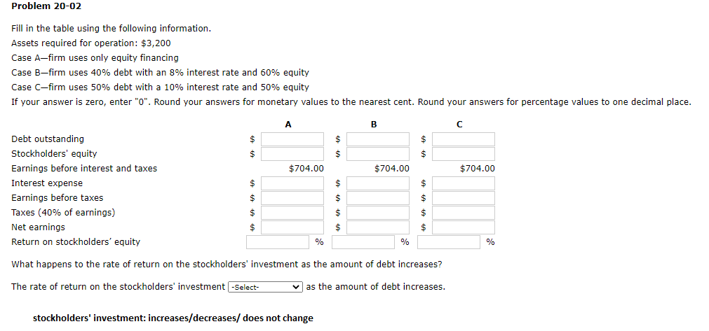  Problem 20-02 Fill in the table using the following information. Assets