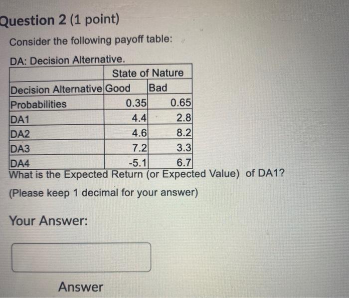  Question 2 (1 point) Consider the following payoff table: DA: Decision