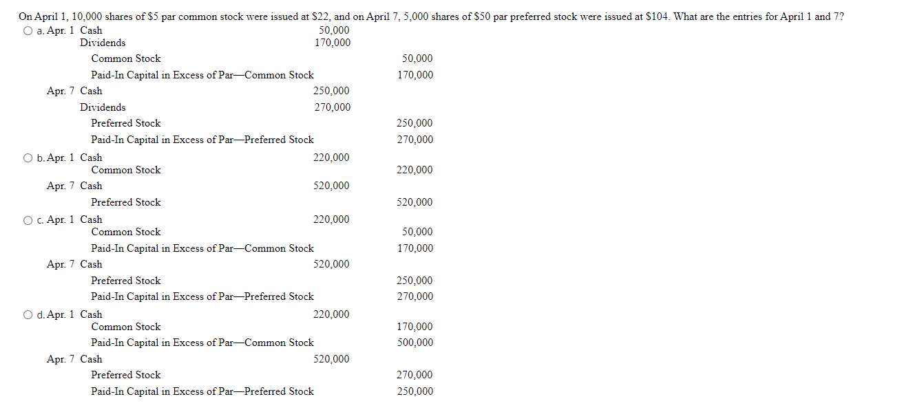  On April 1,10,000 shares of $5 par common stock were issued