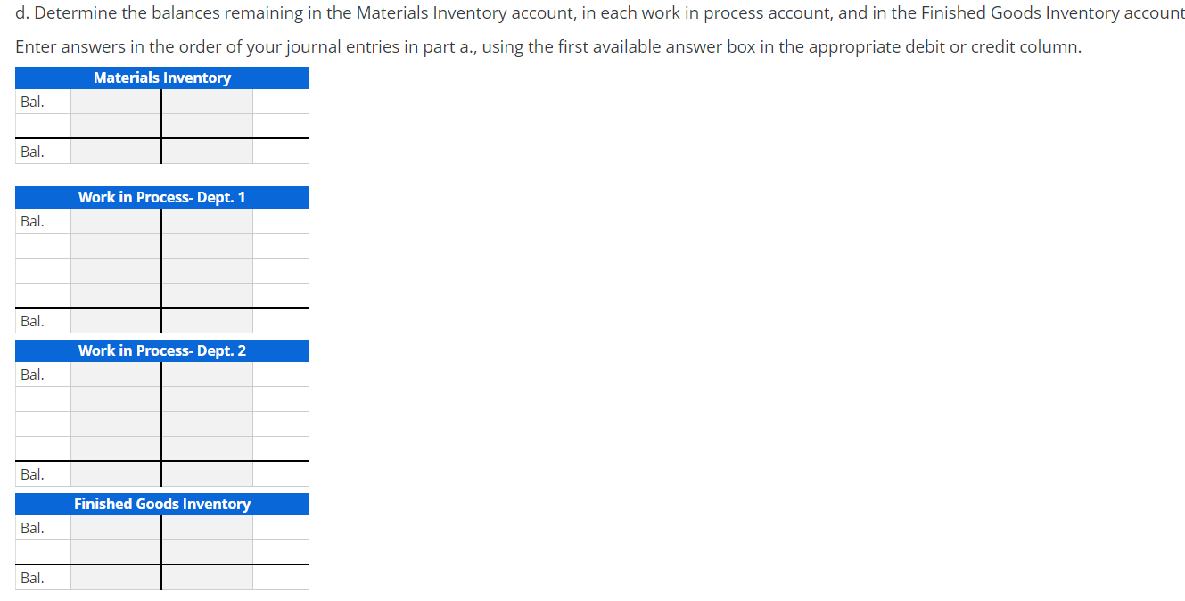 both departments. August 1, 2019, inventory account balances are as follows: Materials