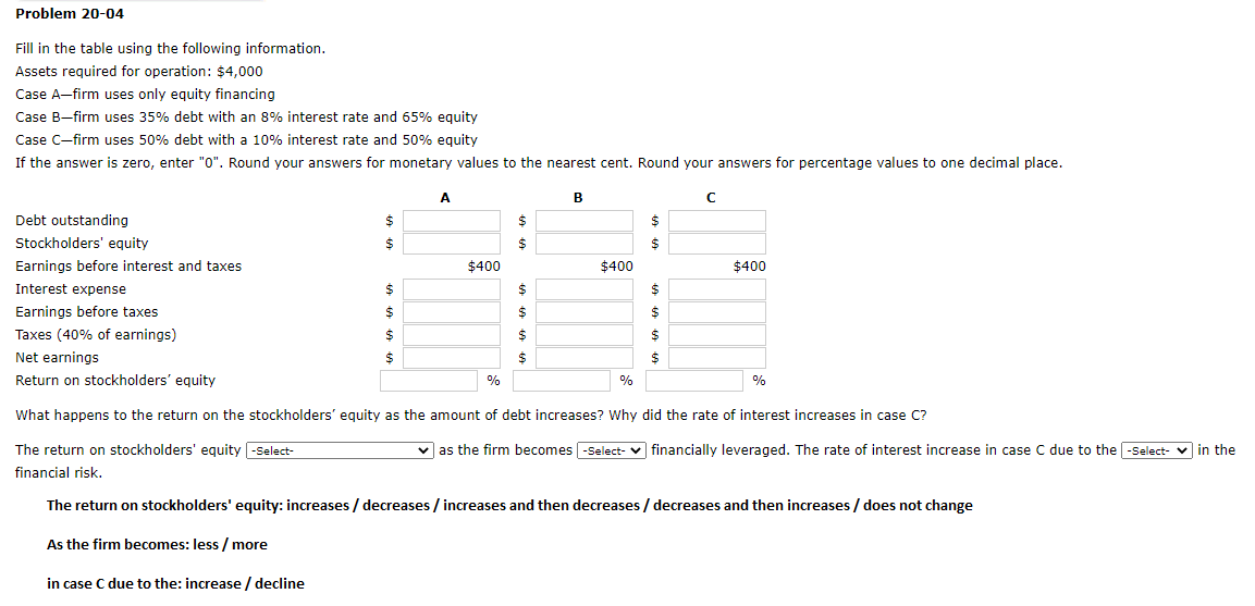 Problem 20-04 Fill in the table using the following information. Assets