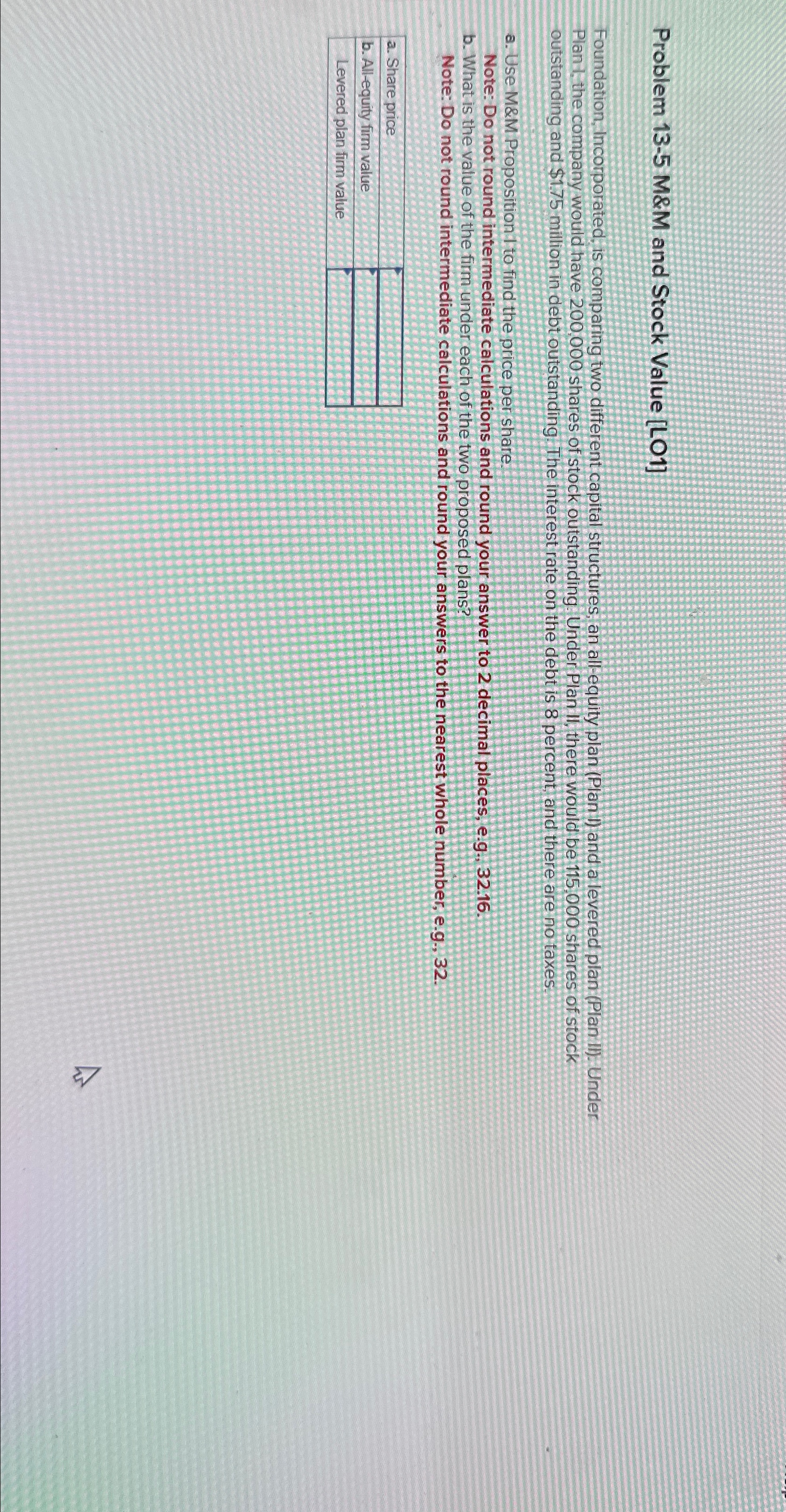  Problem 13-5 M&M and Stock Value [LO1] Foundation, Incorporated, is comparing