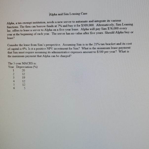  Alpha and Sim Leasing Case Alpha, a tax-exempt institution needs a