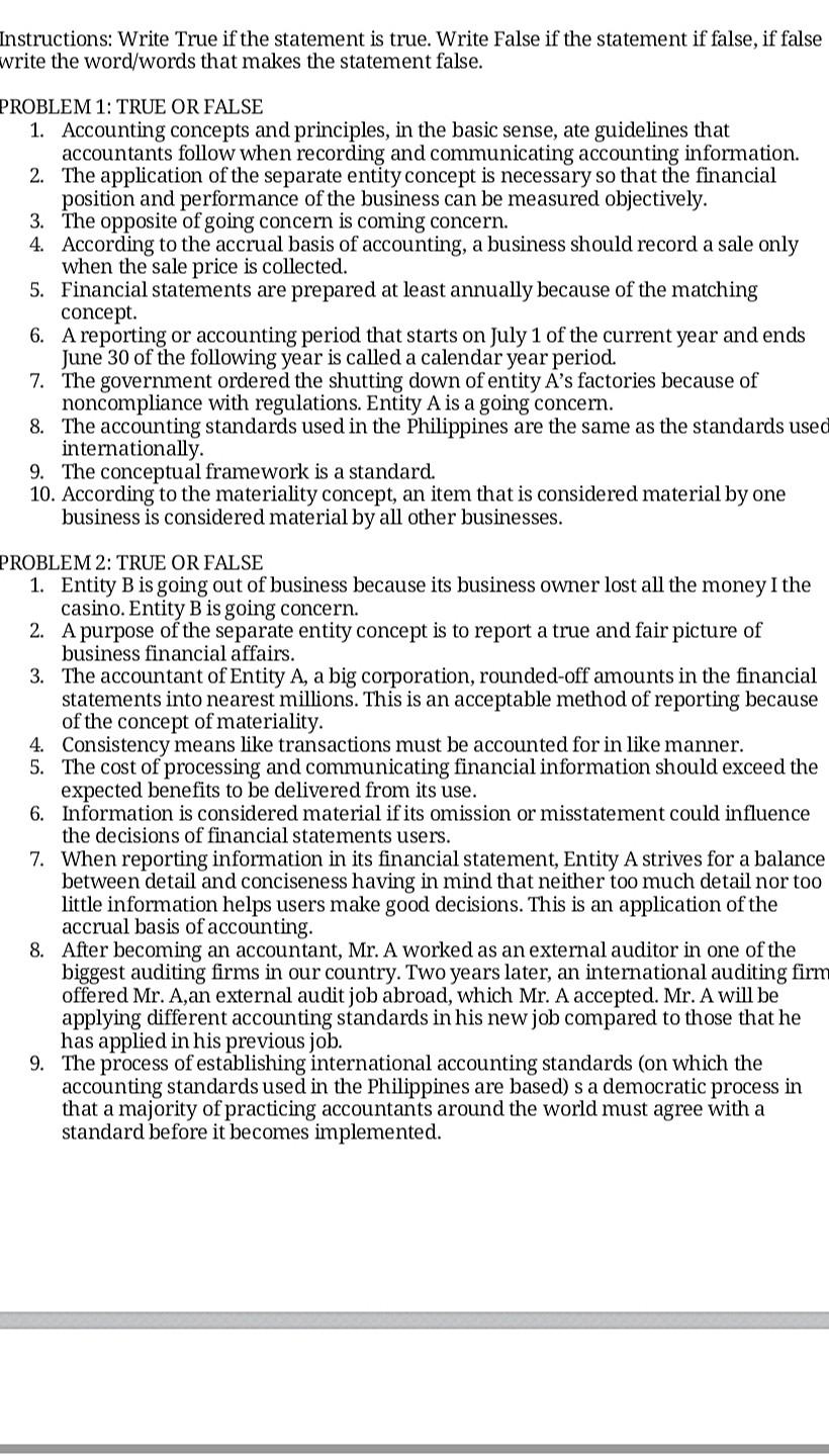  Instructions: Write True if the statement is true. Write False if