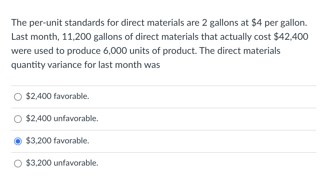  The per-unit standards for direct materials are 2 gallons at $4