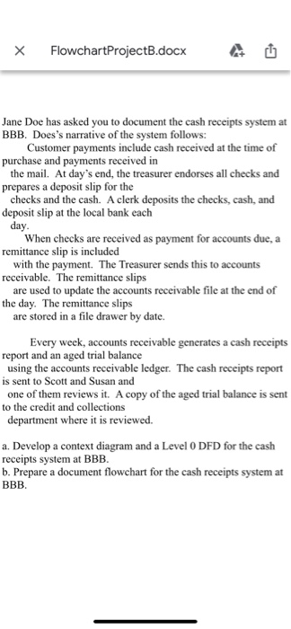  X FlowchartProjectB.docx Jane Doe has asked you to document the cash