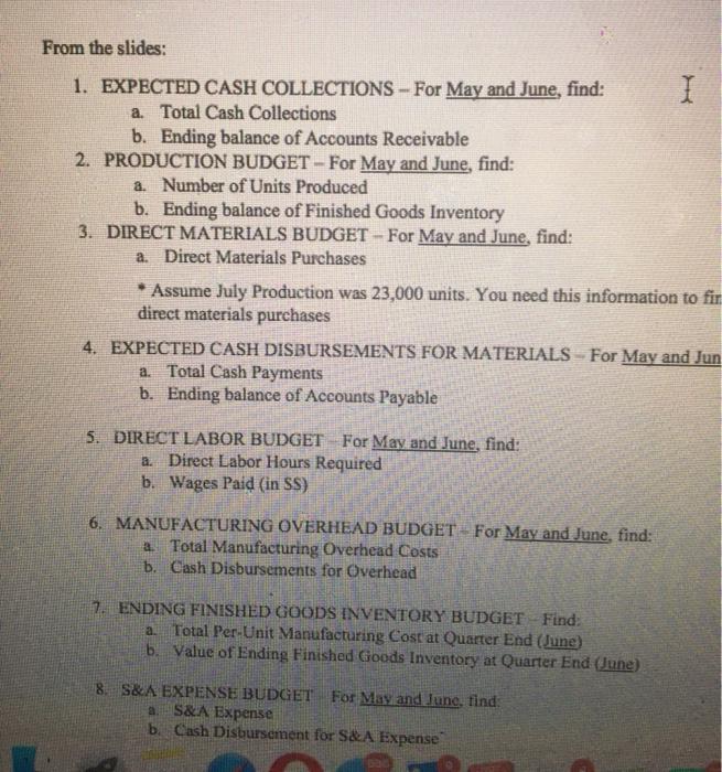  From the slides: 1. EXPECTED CASH COLLECTIONS - For May and