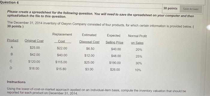  Question 4 30 points Save Answer Please create a spreadsheet for